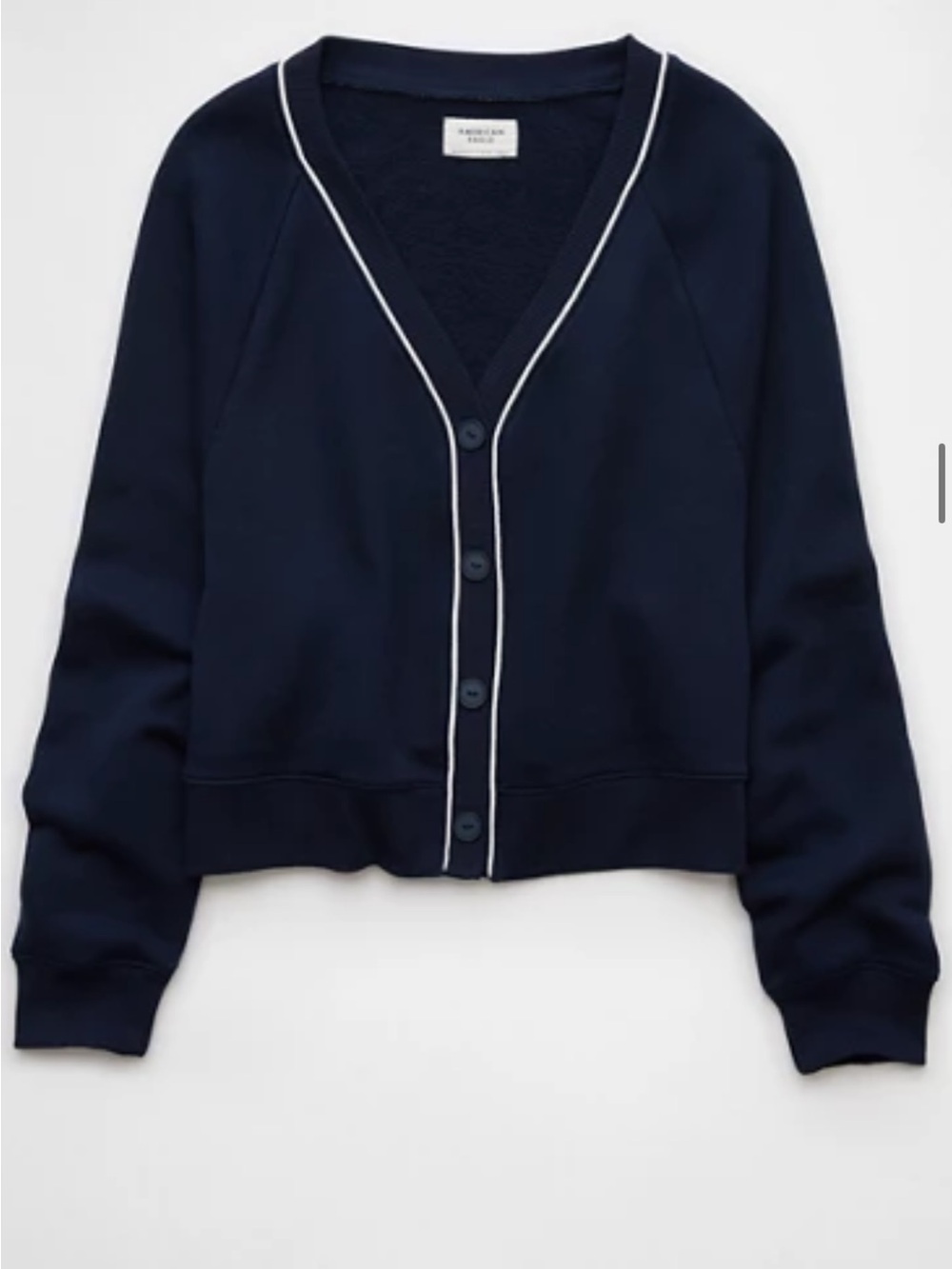 American Eagle Outfitters Navy Button-Front Cardigan with White Piping